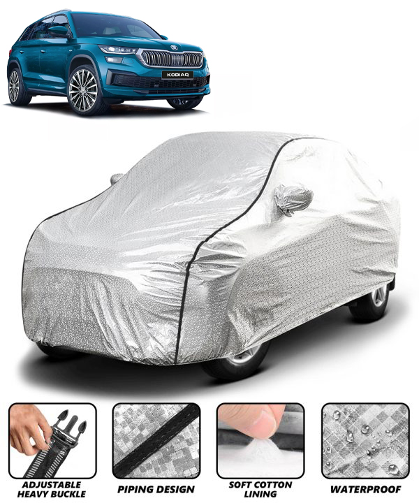 Carzex Waterproof & Heat Resistant Metallic Silver With Black Border Car Body Cover with Mirror Pockets For Skoda Kodiaq